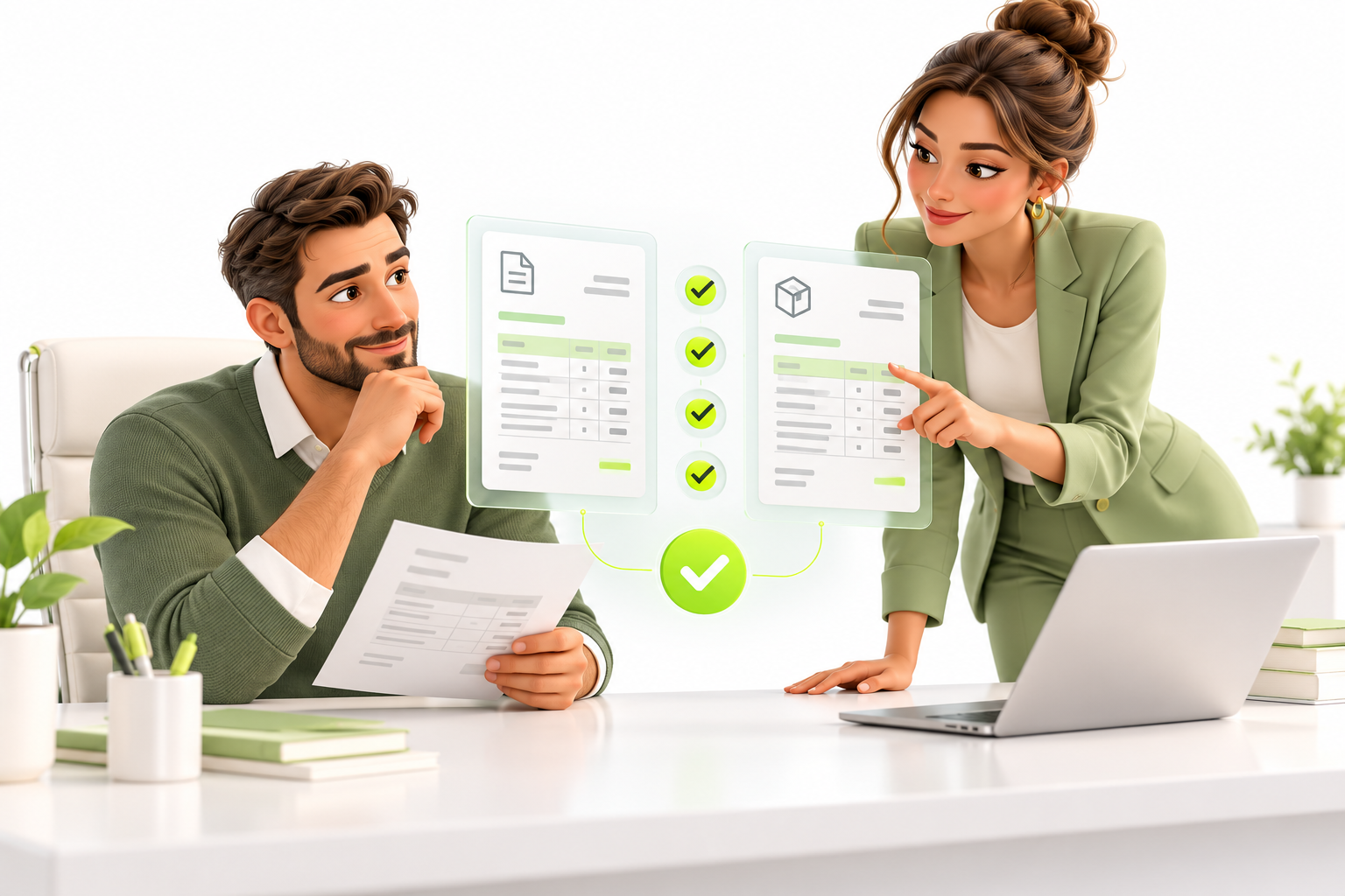 Illustrative finance colleagues reviewing receipts, invoices, and approval workflows