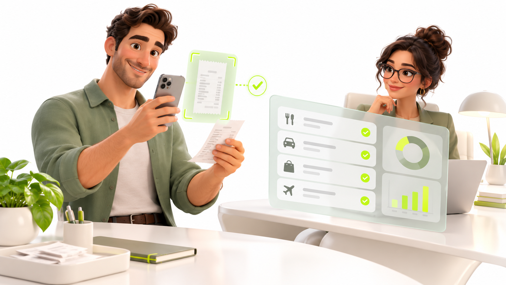 Illustrative finance colleagues reviewing receipts, invoices, and approval workflows