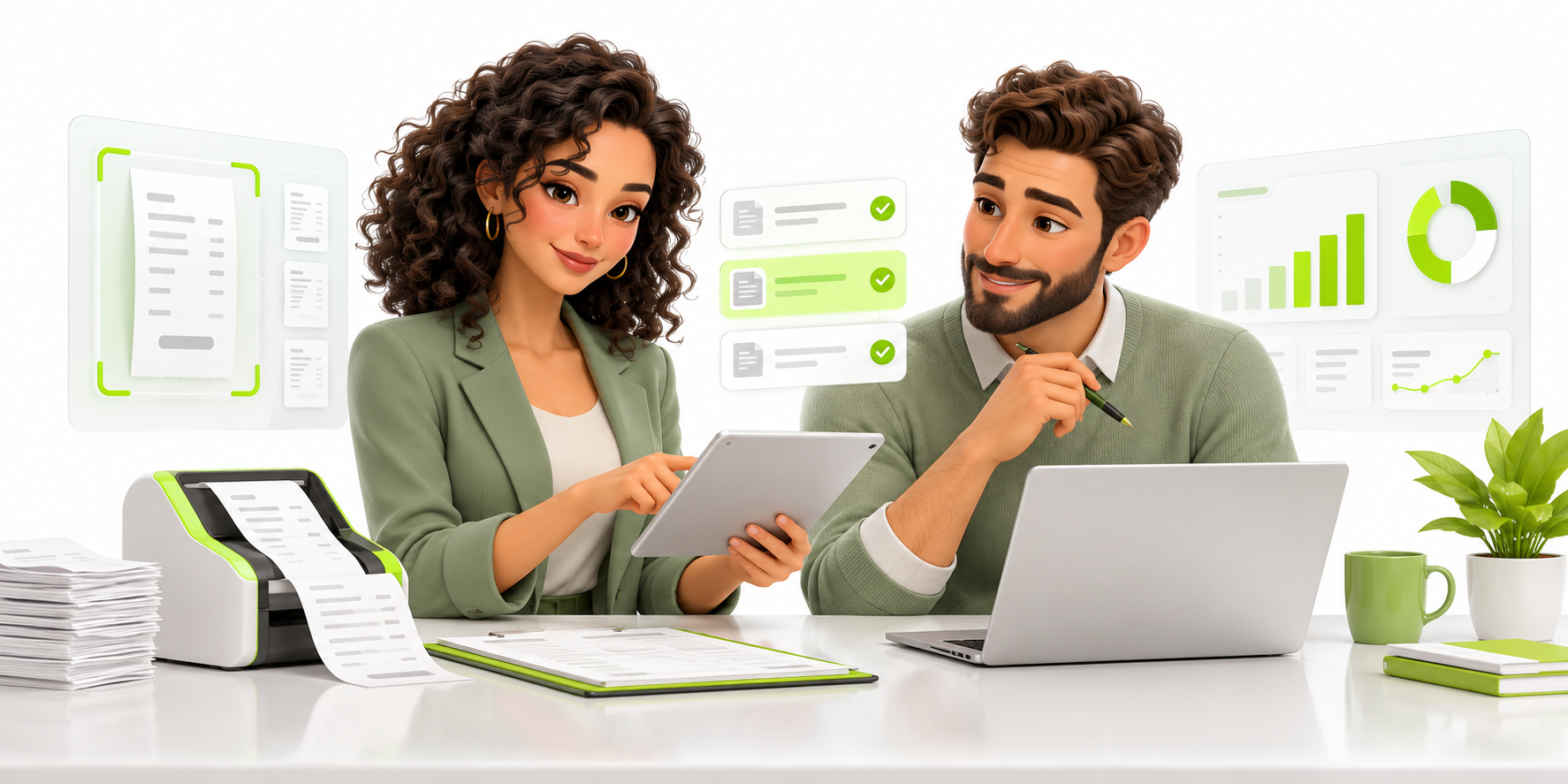 Illustrative finance colleagues reviewing receipts, invoices, and approval workflows