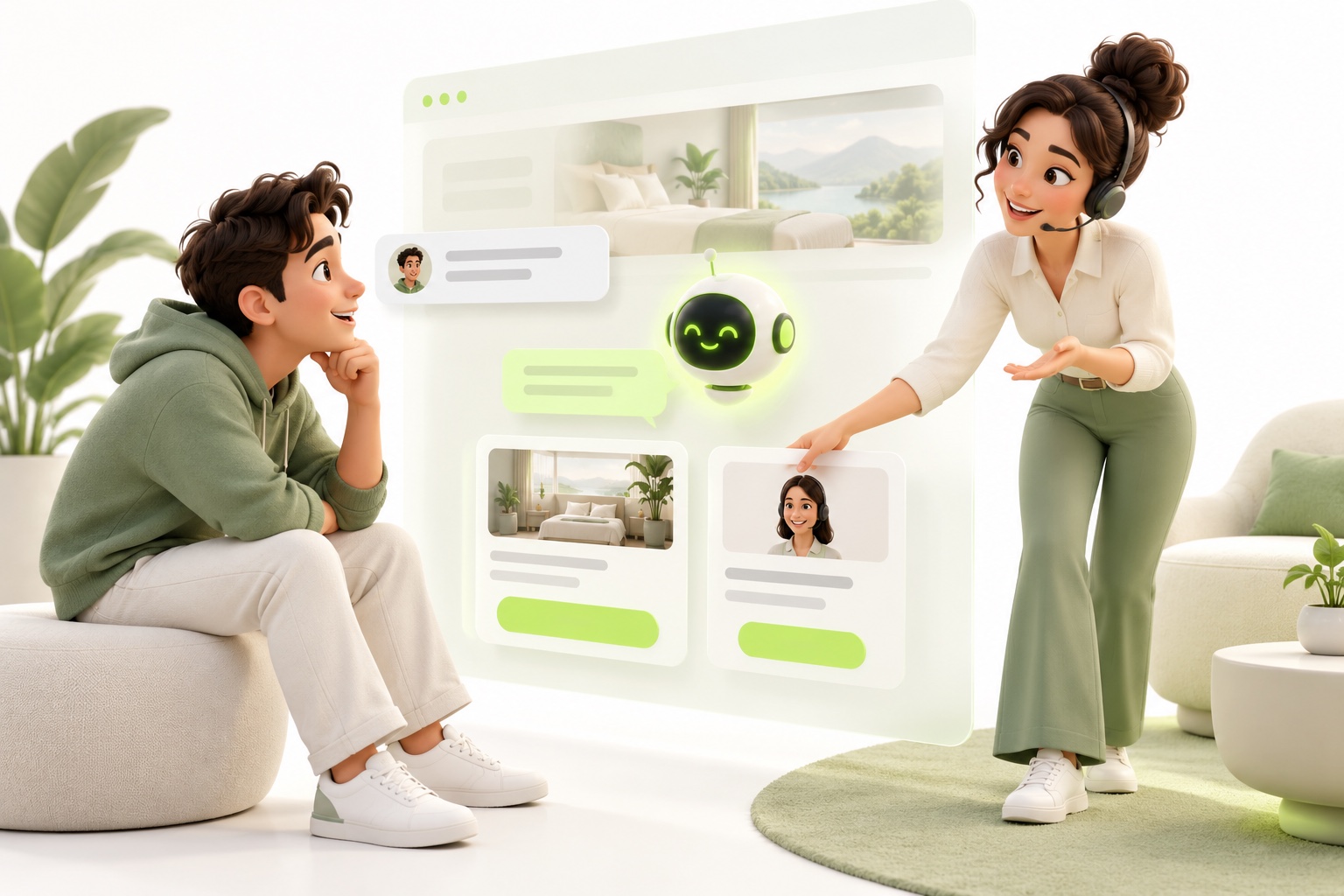 Illustrative people collaborating on ai website chat agents