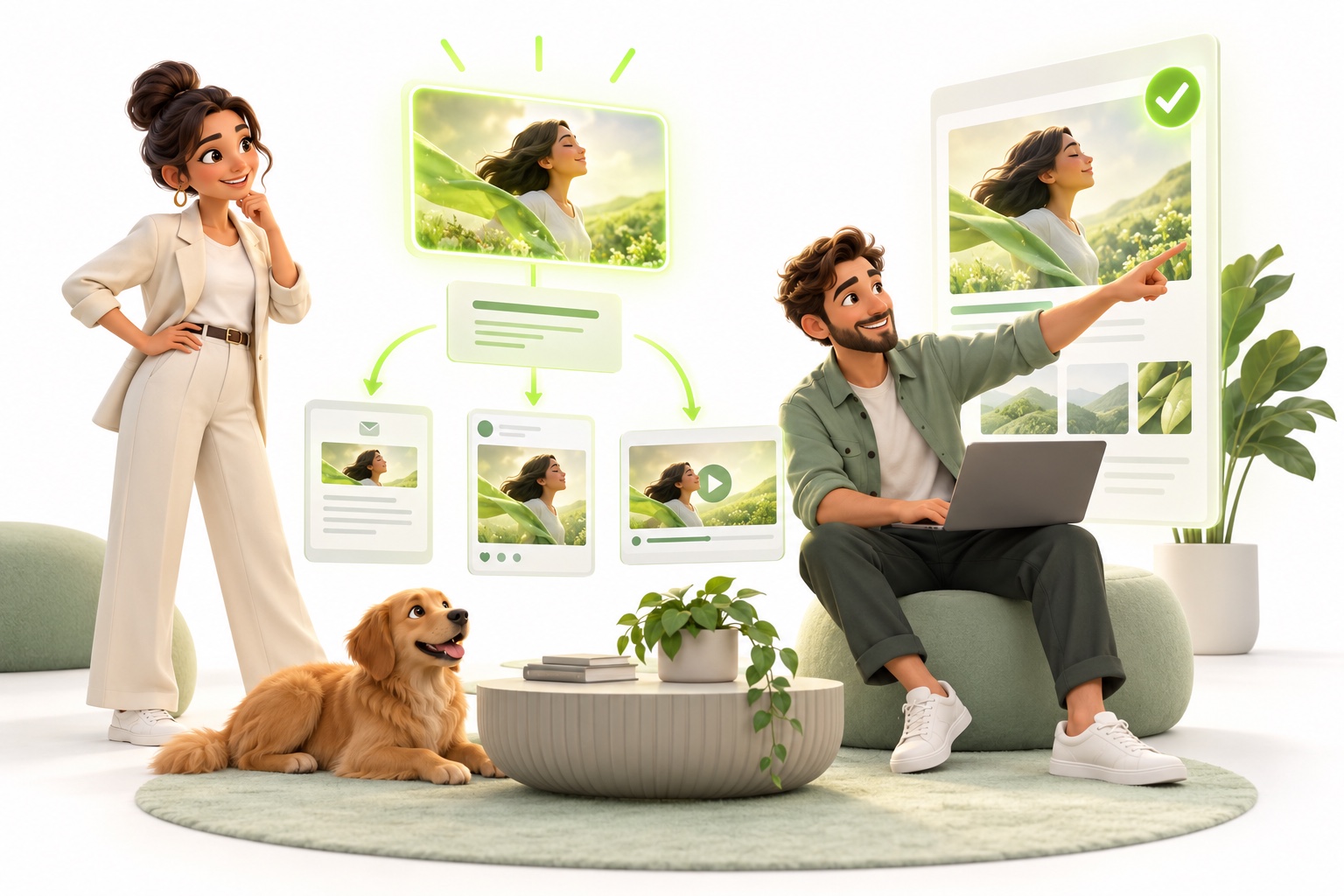 Illustrative people collaborating on ai-assisted marketing