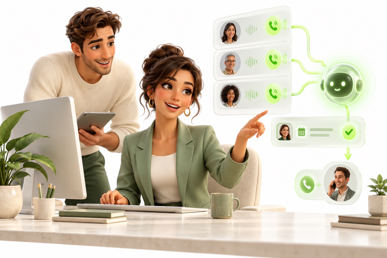 Illustrative people collaborating on ai receptionists