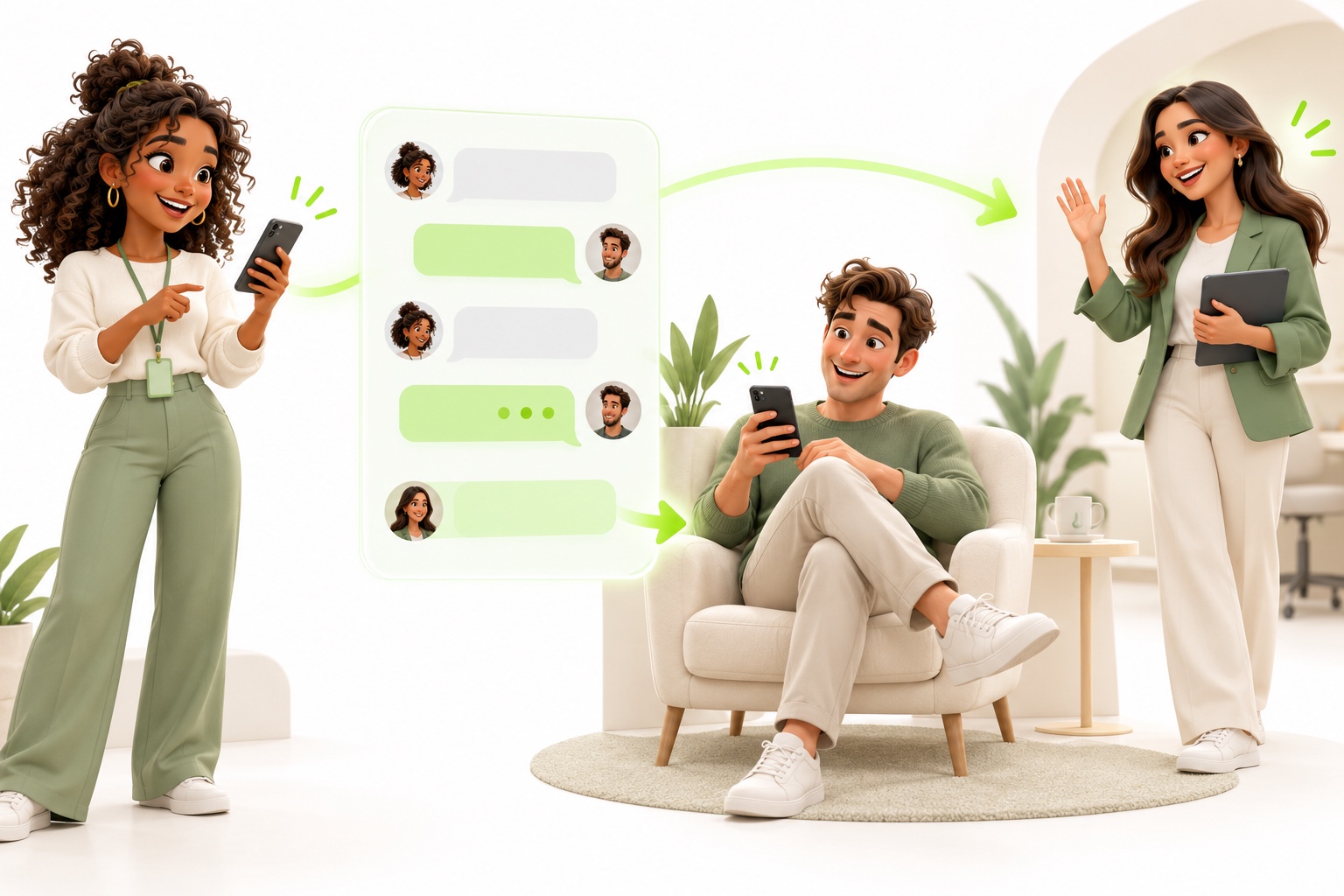 Illustrative people collaborating on ai sms and text agents