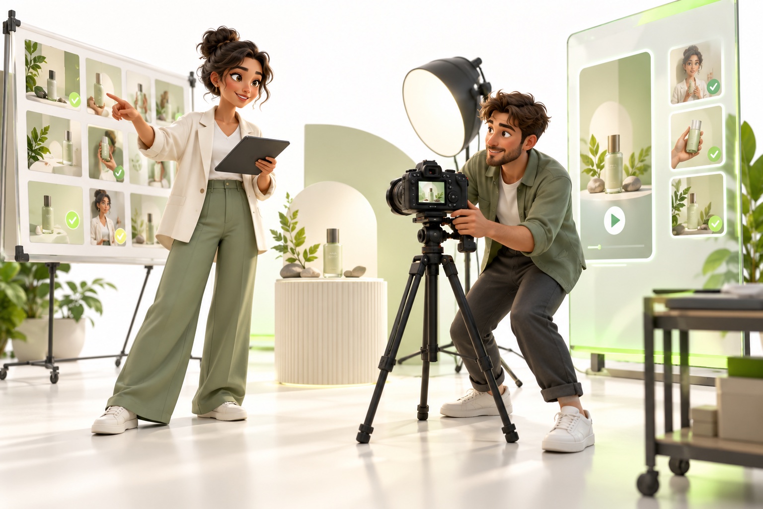 Illustrative people collaborating on content creation, ads and video