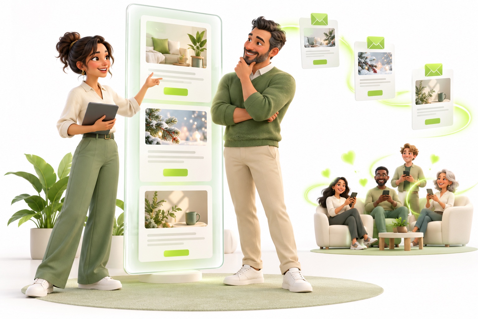 Illustrative people collaborating on email marketing campaigns