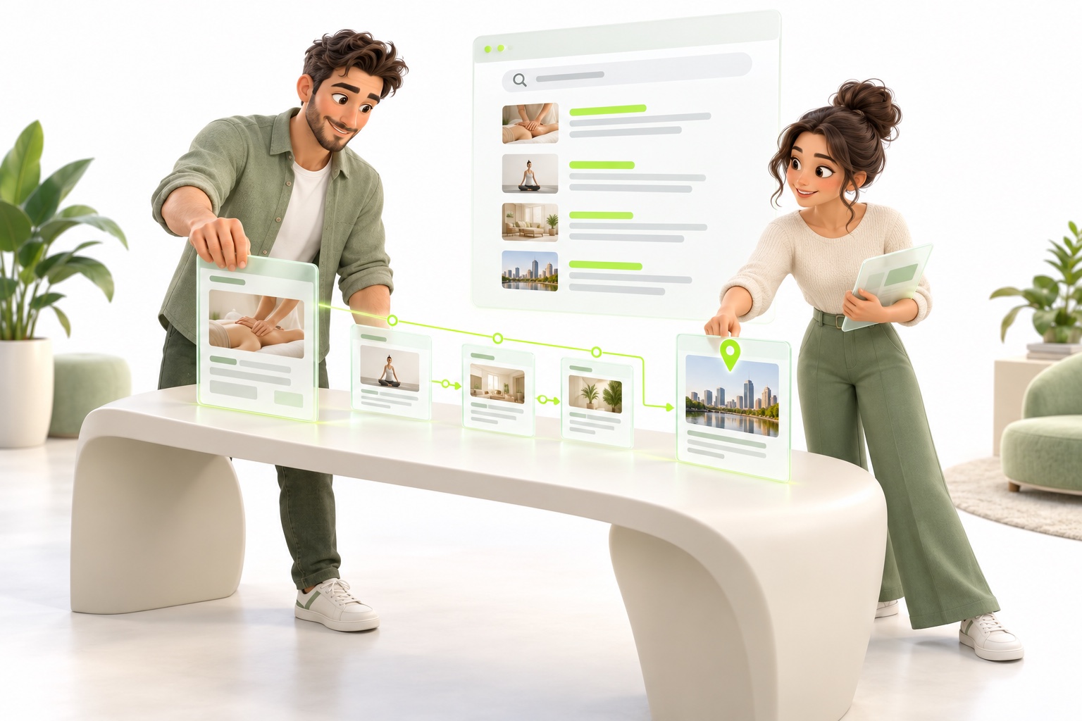 Illustrative people collaborating on search engine optimization
