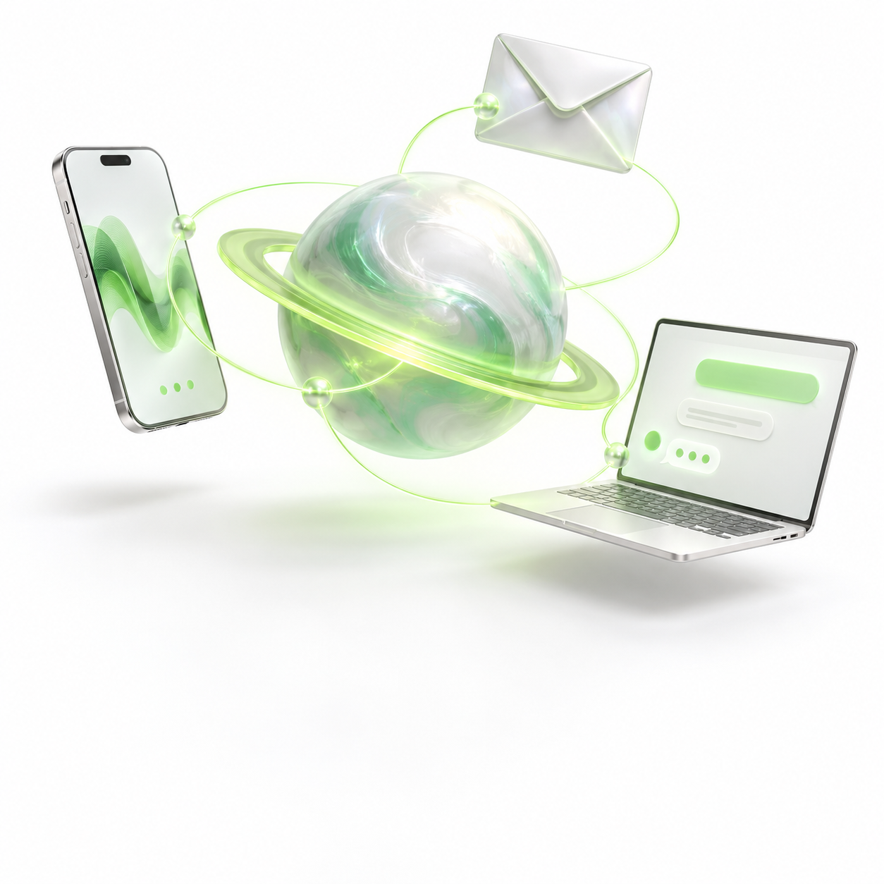 An AI planet connected to a phone, laptop, and email envelope