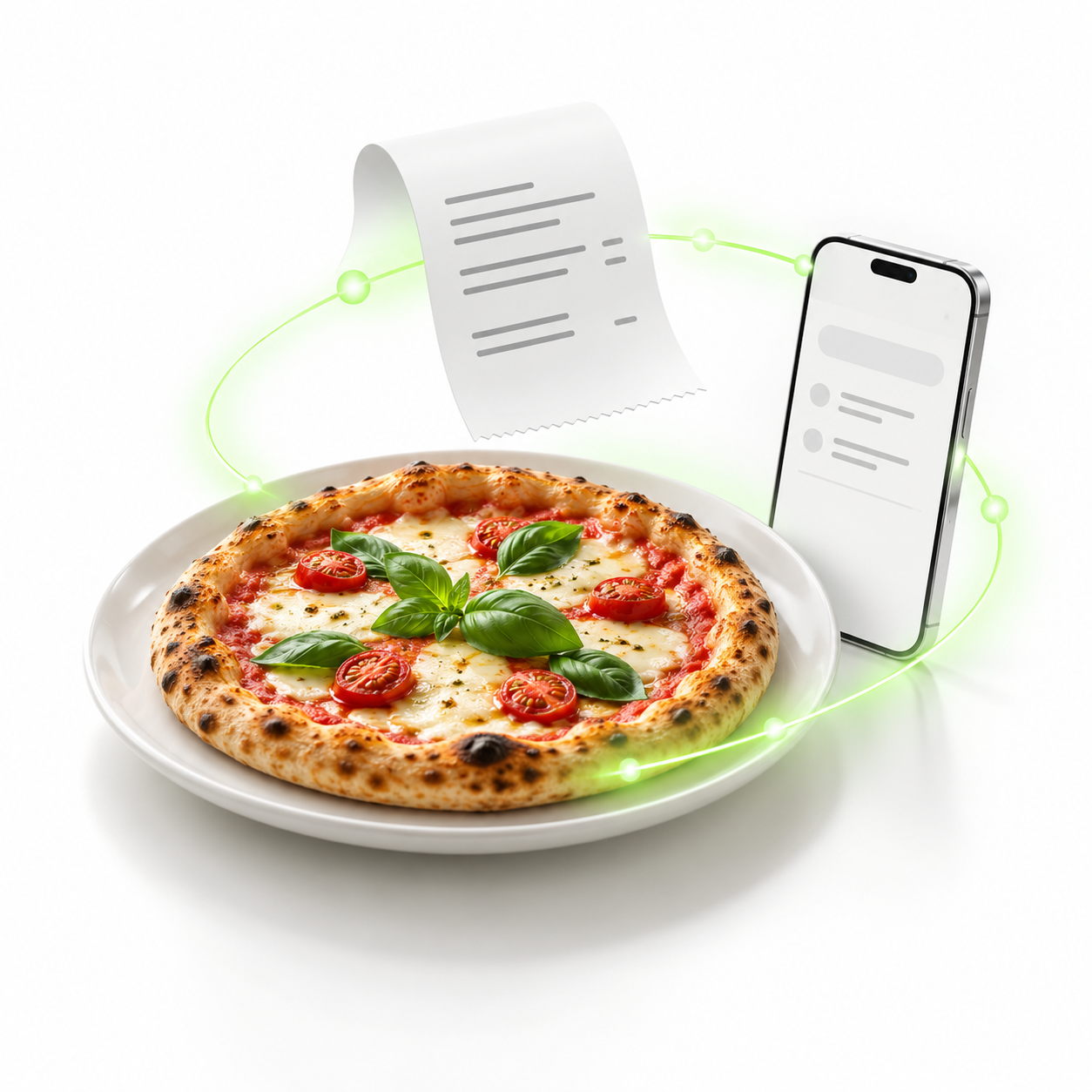 A pizza, order ticket, and smartphone connected by a luminous green orbit