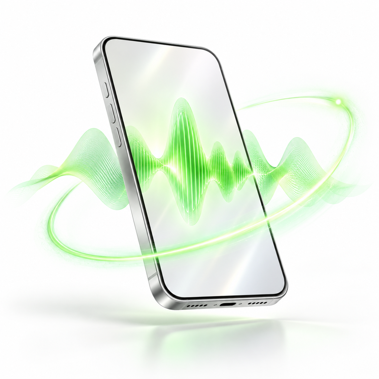 A silver smartphone with a luminous green voice waveform and sweeping light trail