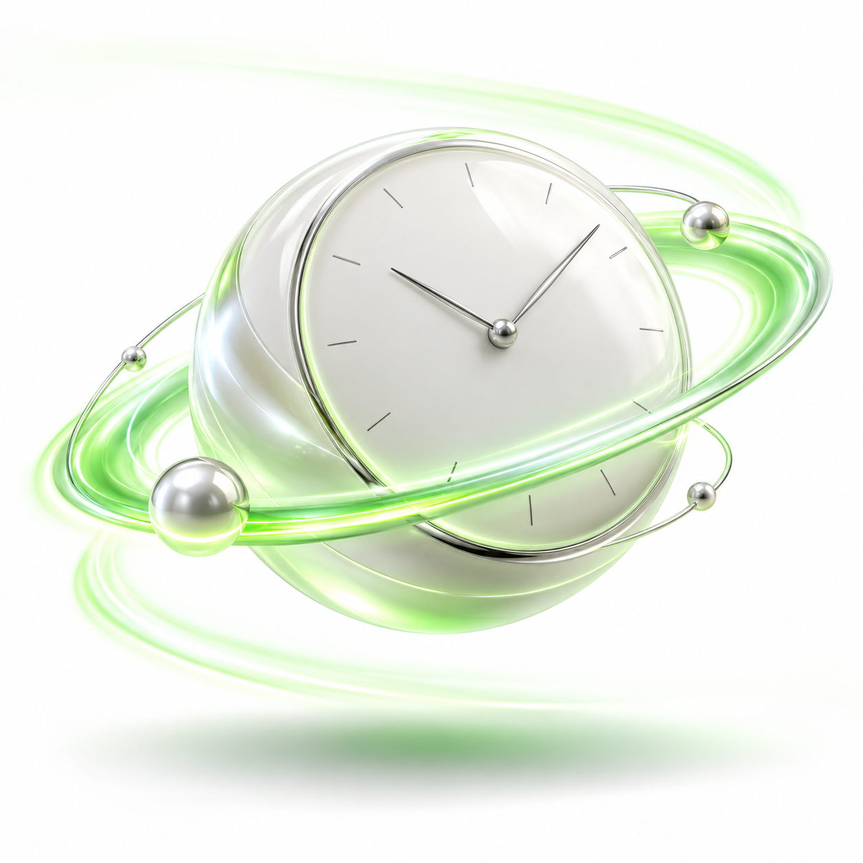 A pearl-white clock surrounded by a green orbital light trail, representing saved time