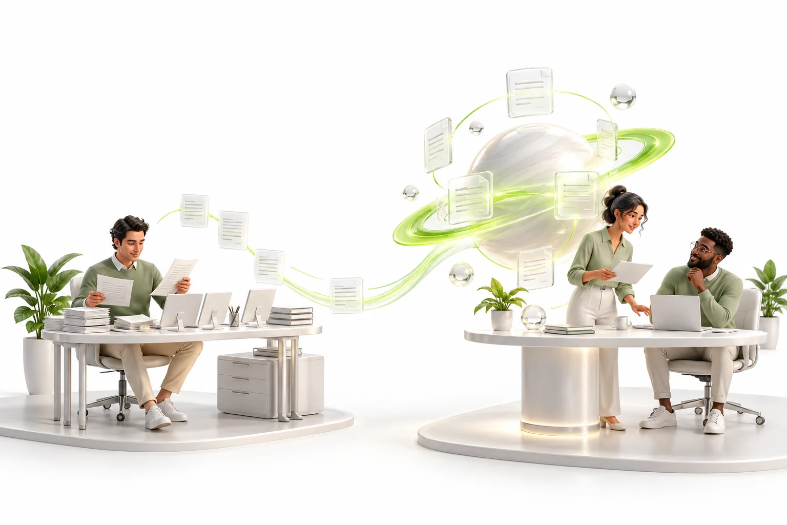 Illustrative 3D scenes of manual coordination and colleagues working with connected AI support