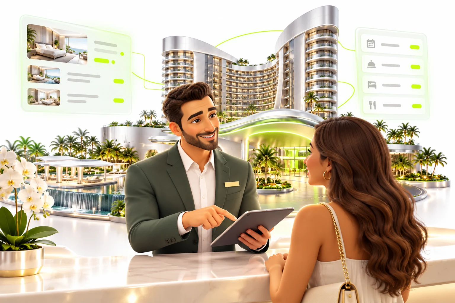 Illustrative scene: A resort guest-services host helps a visitor coordinate their stay.
