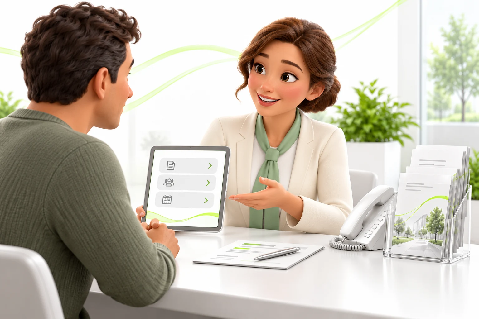 Illustrative scene: A public-information coordinator guides a community member through routine service information.