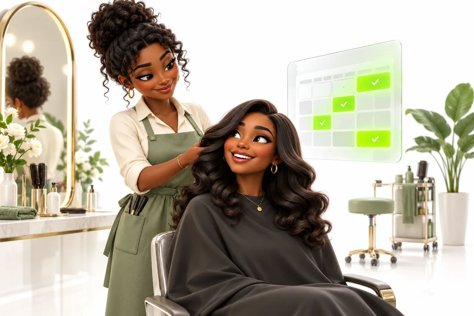 Illustrative scene: A salon stylist helps a client beside a glowing appointment calendar.