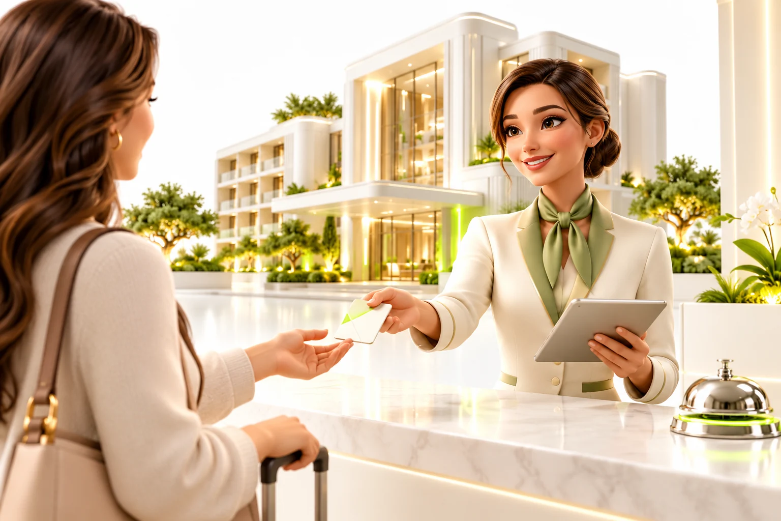 Illustrative scene: A hotel concierge welcomes a guest and prepares their room key.