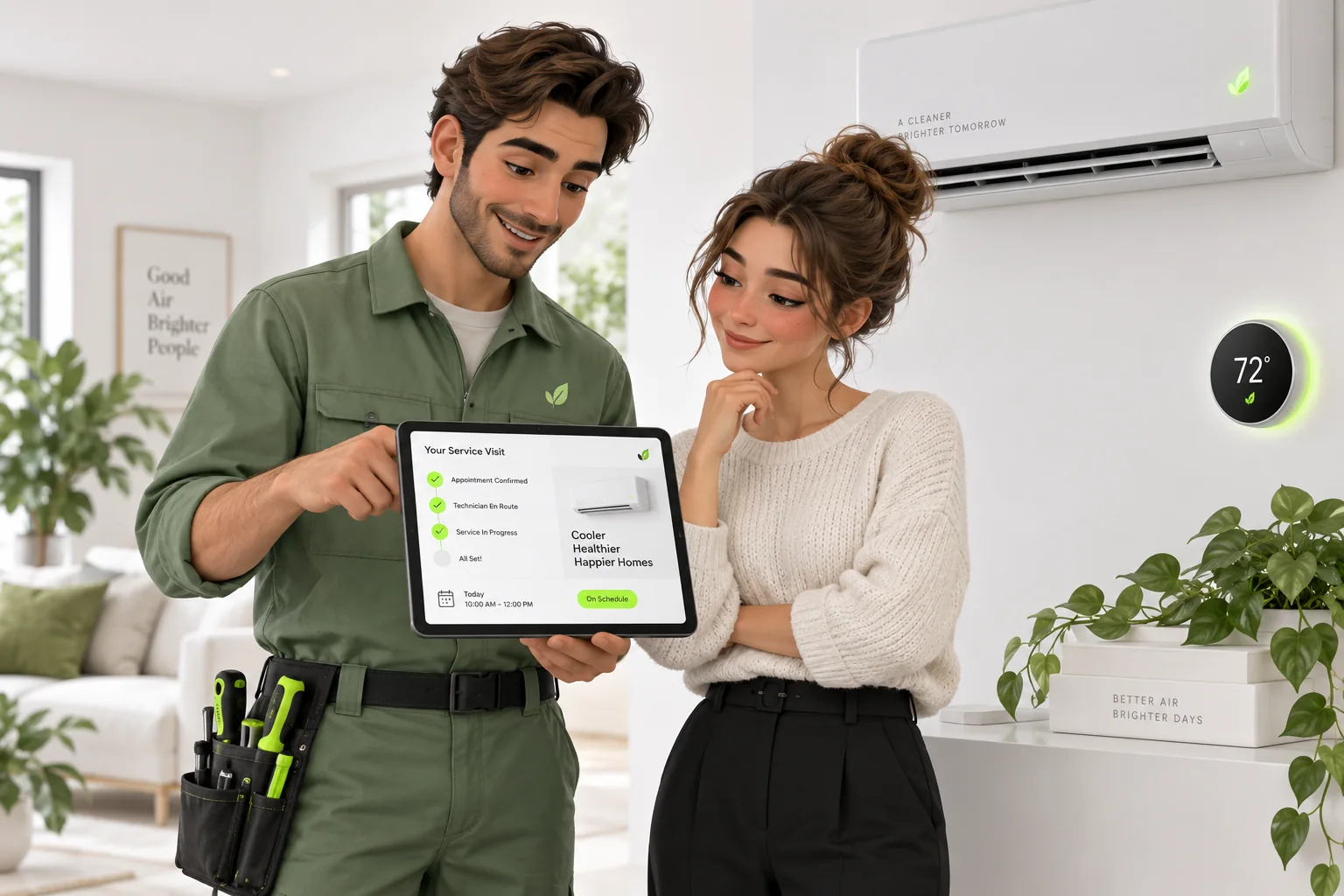 Illustrative scene: An HVAC technician reviews a service visit with a homeowner.