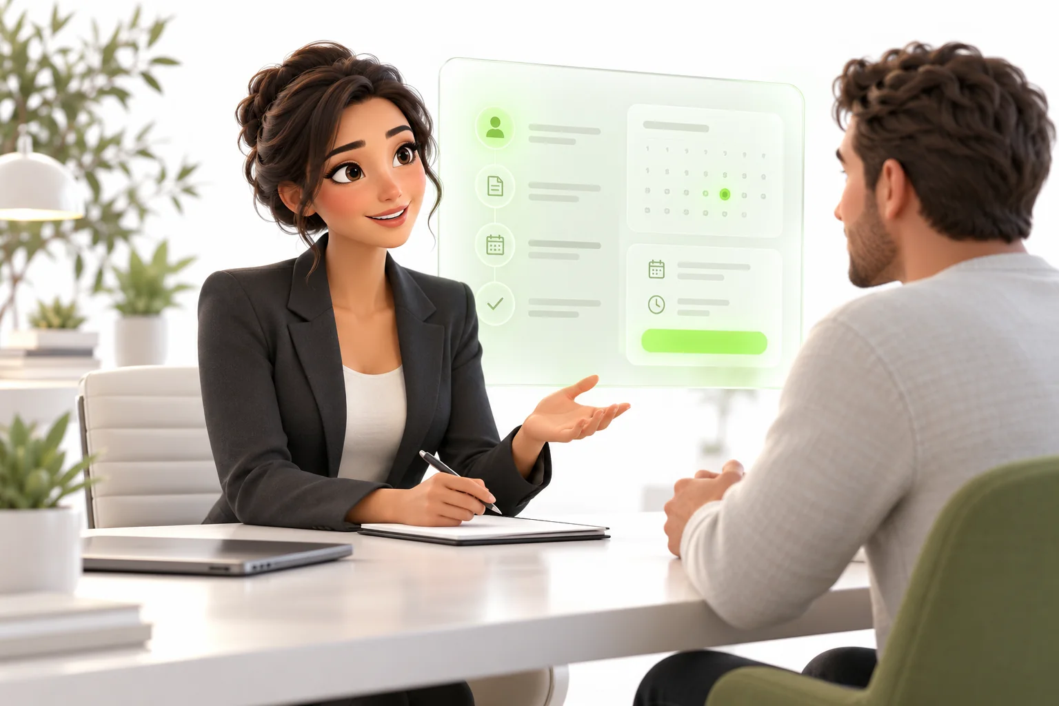 Illustrative scene: An intake coordinator welcomes a prospective client beside a scheduling panel.