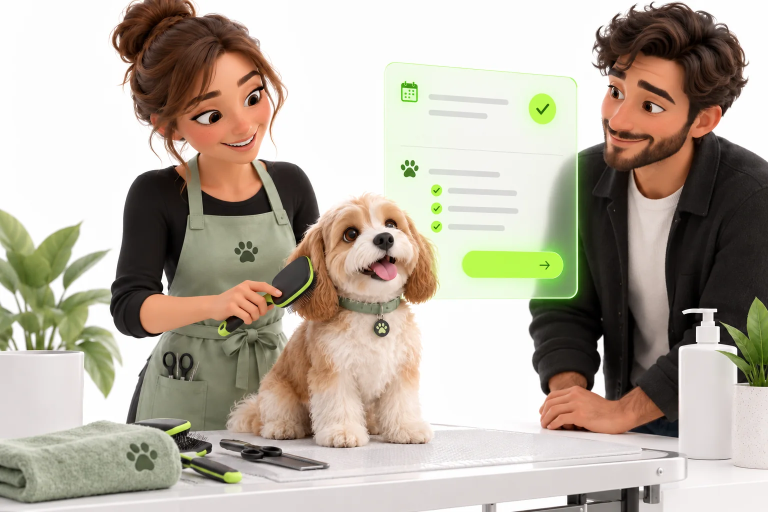 Illustrative scene: A groomer brushes a dog while its owner reviews an appointment panel.