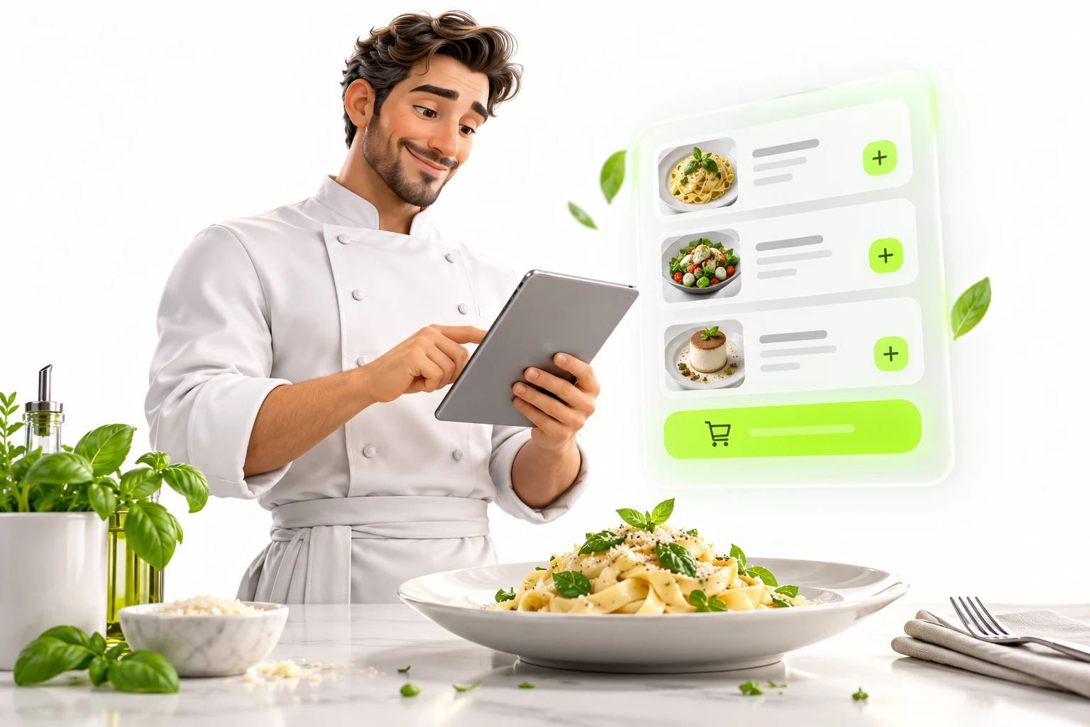 Restaurant owner using a tablet beside an illustrated digital menu