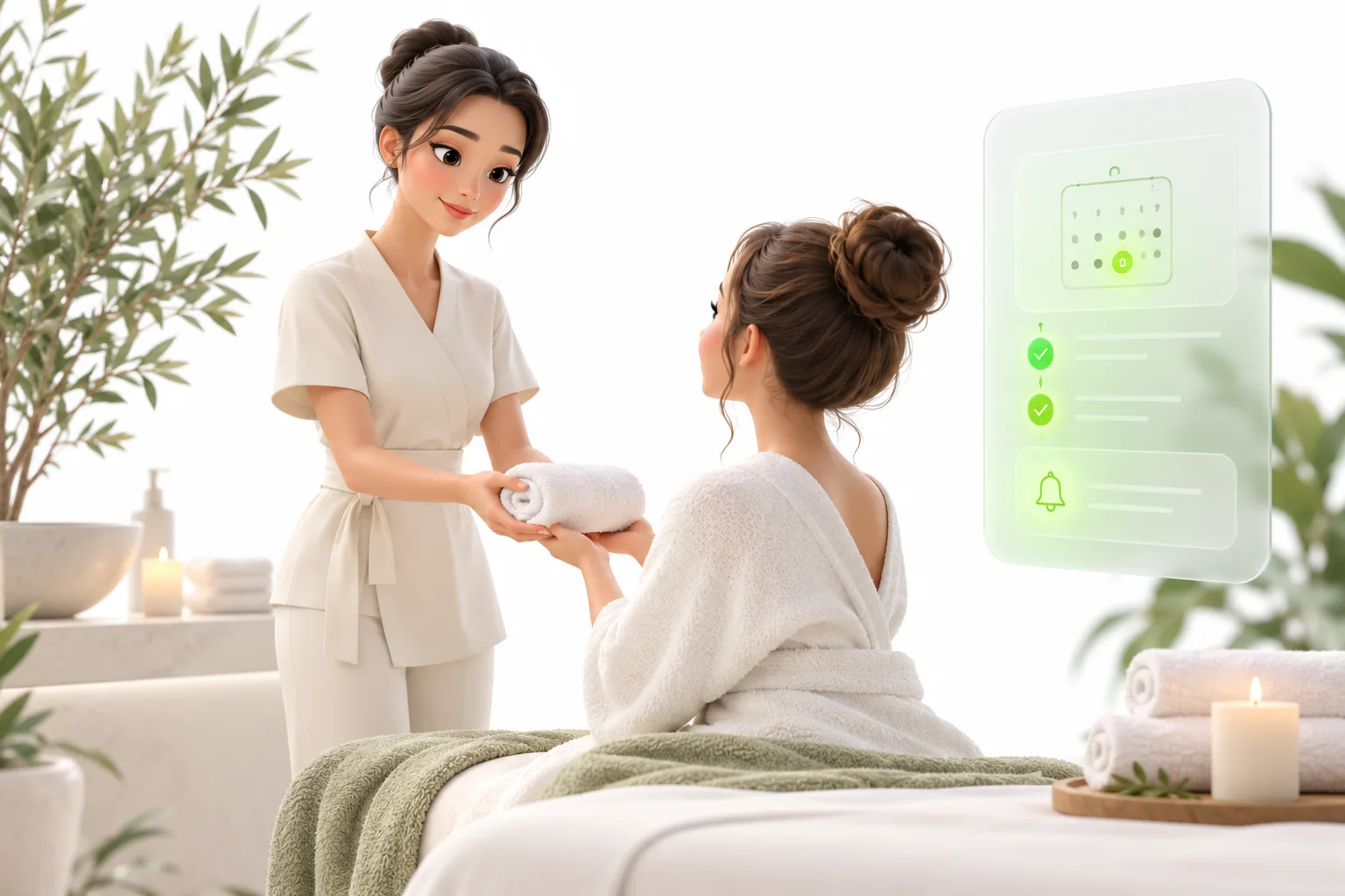 Illustrative scene: A spa therapist welcomes a client beside an appointment and follow-up panel.