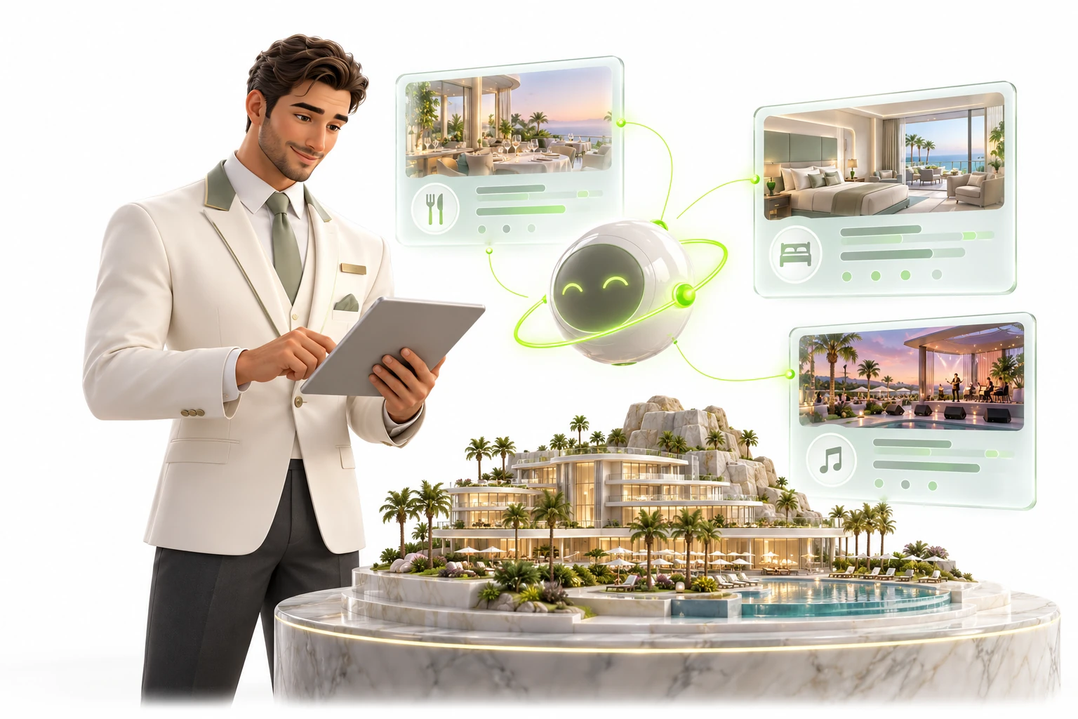 Illustrative 3D collaboration between staff and an AI agent for casinos, with industry-specific requests and tools