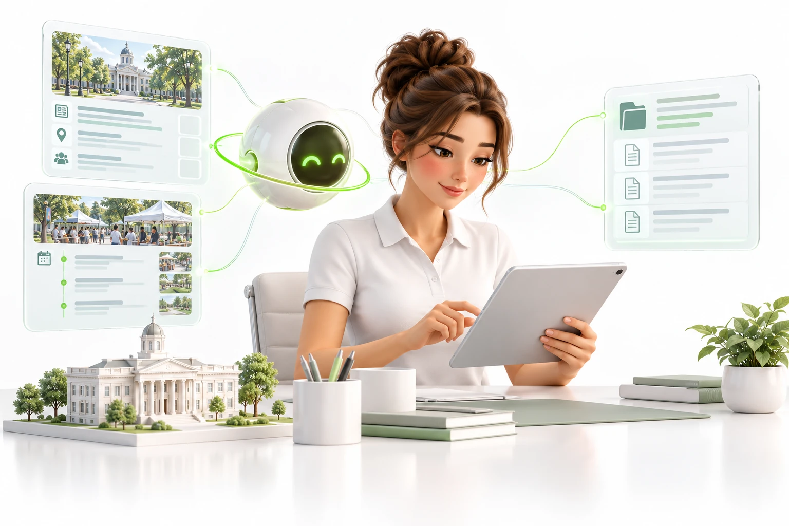 Illustrative 3D collaboration between staff and an AI agent for emergency services, with industry-specific requests and tools