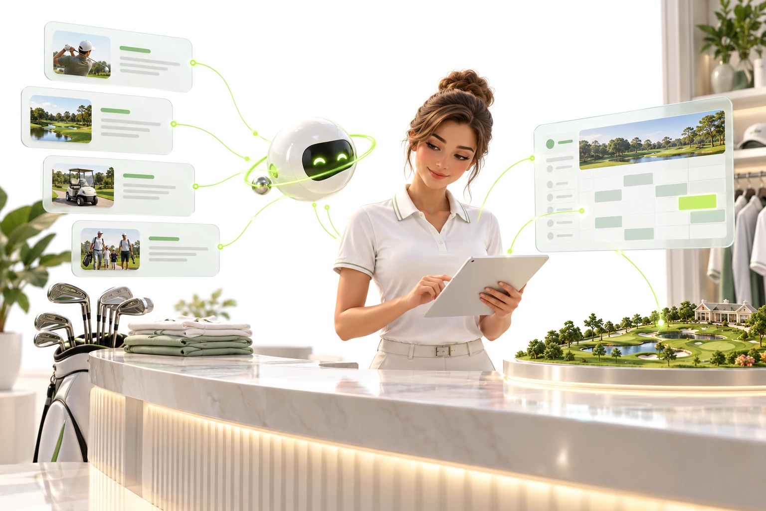 Illustrative 3D collaboration between staff and an AI agent for golf courses, with industry-specific requests and tools
