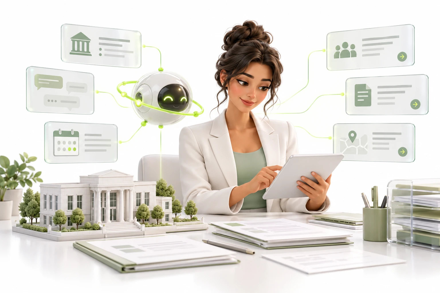 Illustrative 3D collaboration between staff and an AI agent for government services, with industry-specific requests and tools