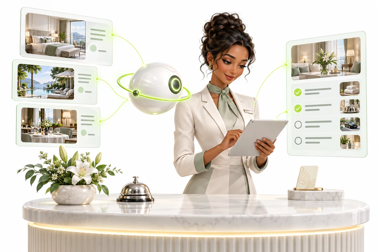 Illustrative 3D collaboration between staff and an AI agent for hotels, with industry-specific requests and tools