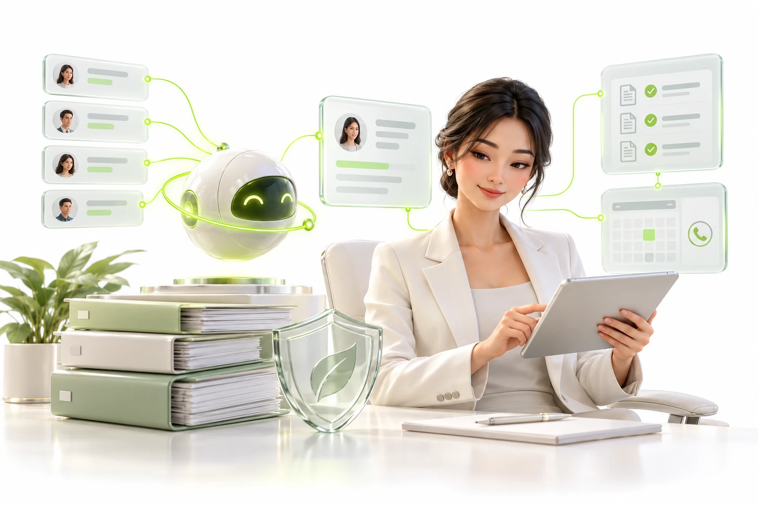 Illustrative 3D collaboration between staff and an AI agent for insurance agencies, with industry-specific requests and tools