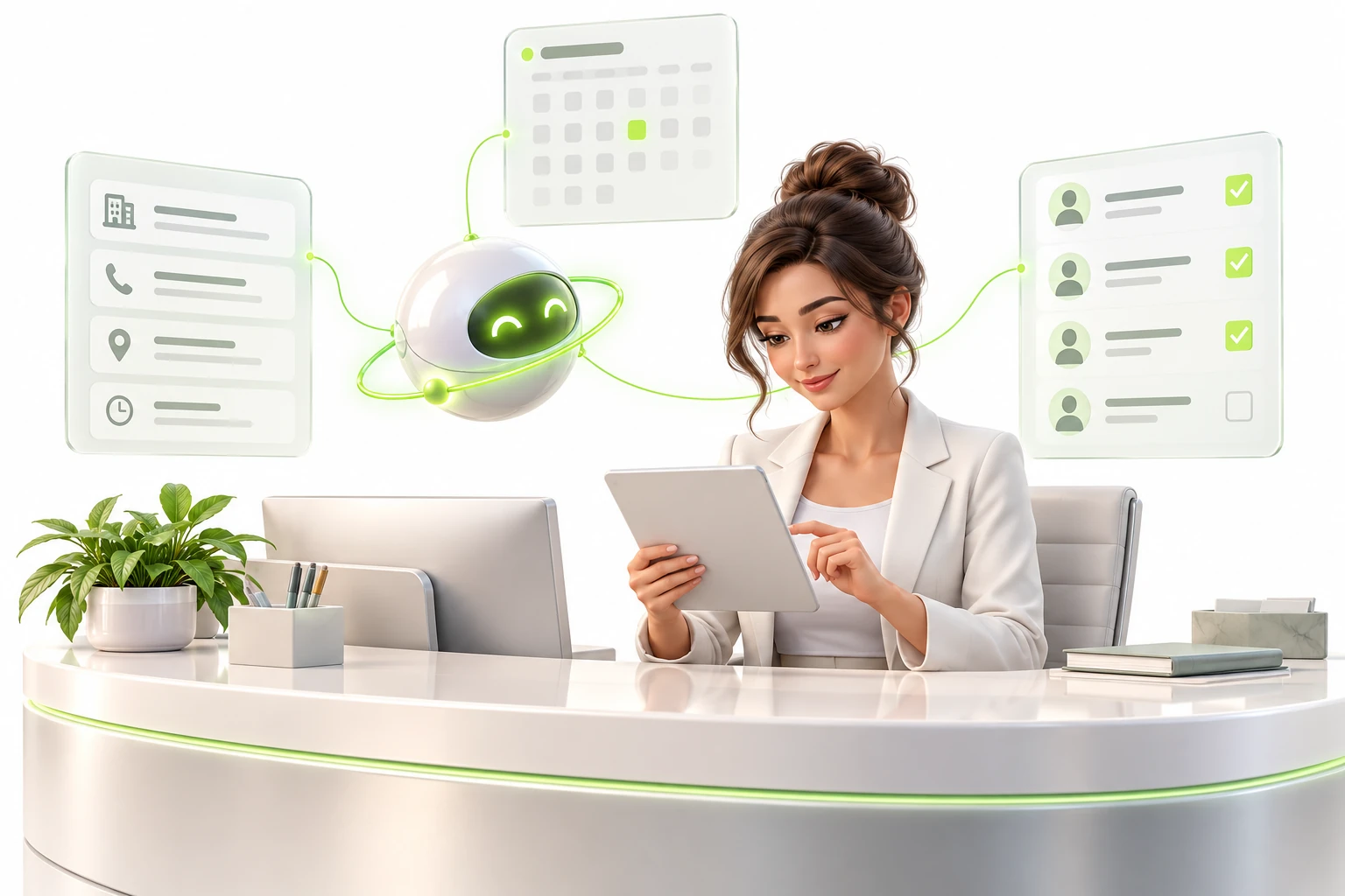 Illustrative 3D collaboration between staff and an AI agent for mental health clinics, with industry-specific requests and tools