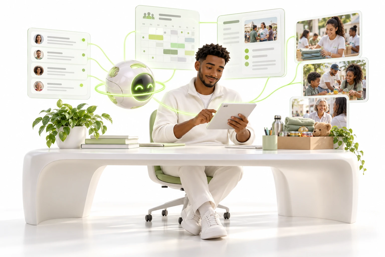 Illustrative 3D collaboration between staff and an AI agent for non-profits, with industry-specific requests and tools