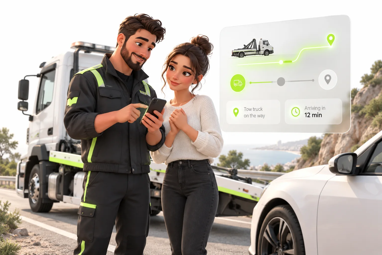 Illustrative scene: A tow truck operator helps a driver beside a service request and arrival panel.