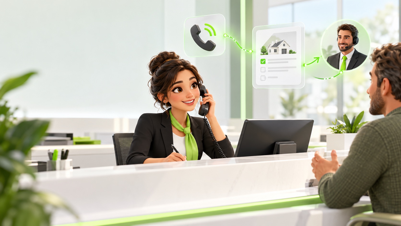 Illustrated insurance receptionist taking a quote inquiry and routing it to a licensed agent