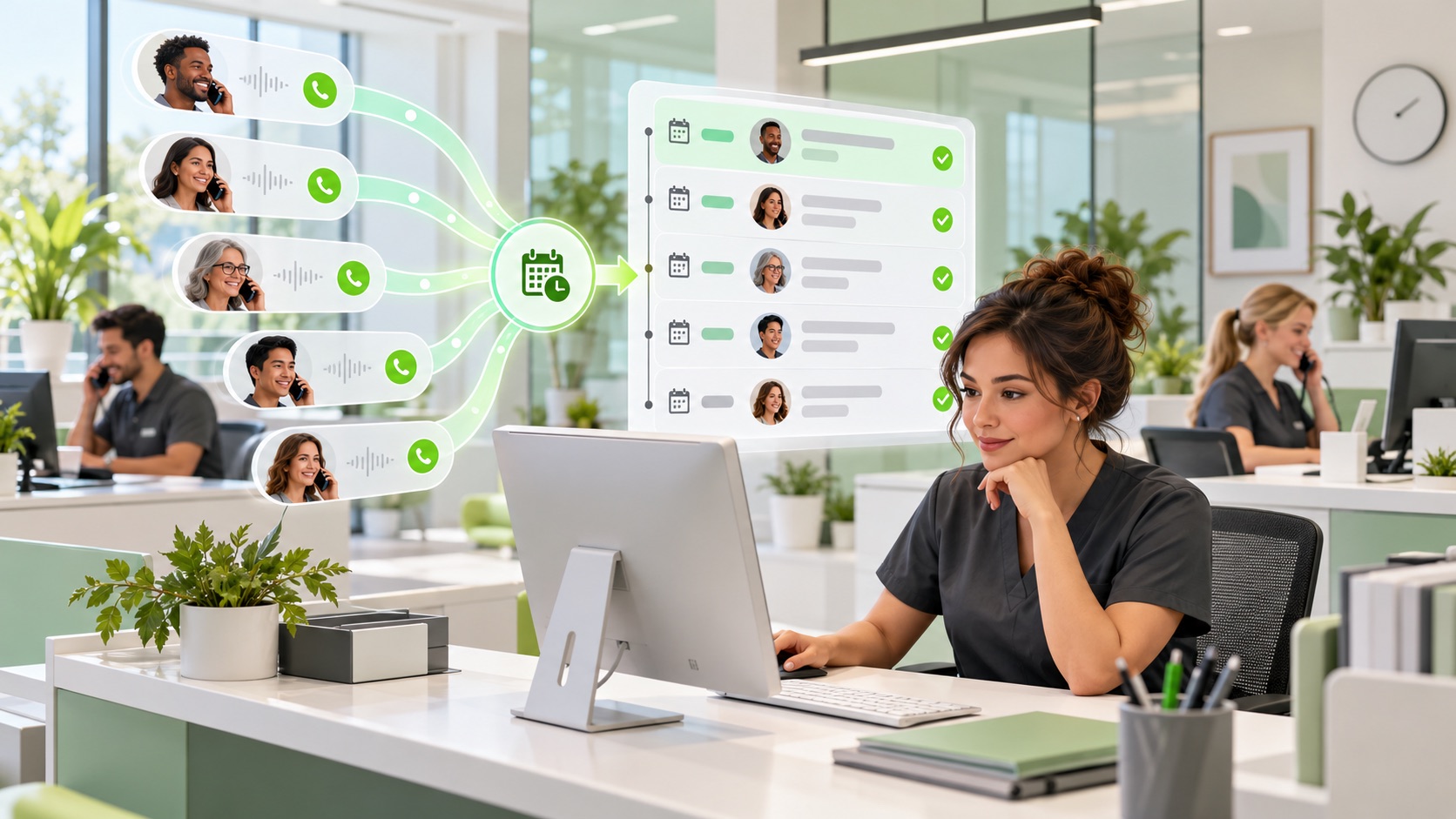 Illustrated appointment coordinators organizing incoming calls into a staff scheduling queue