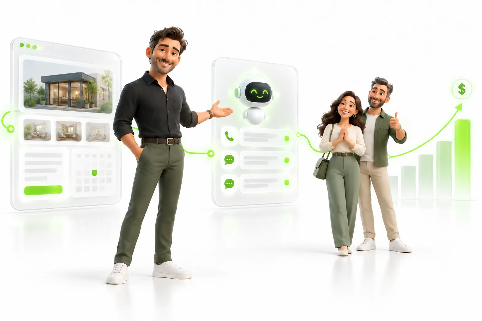 Illustrative business owner presenting a website and AI support that connect inquiries with happy clients and potential revenue growth