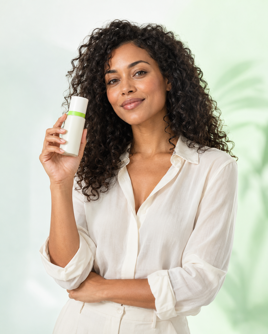 Fictional AI-generated presenter holding an unbranded skincare bottle in a white and mint studio