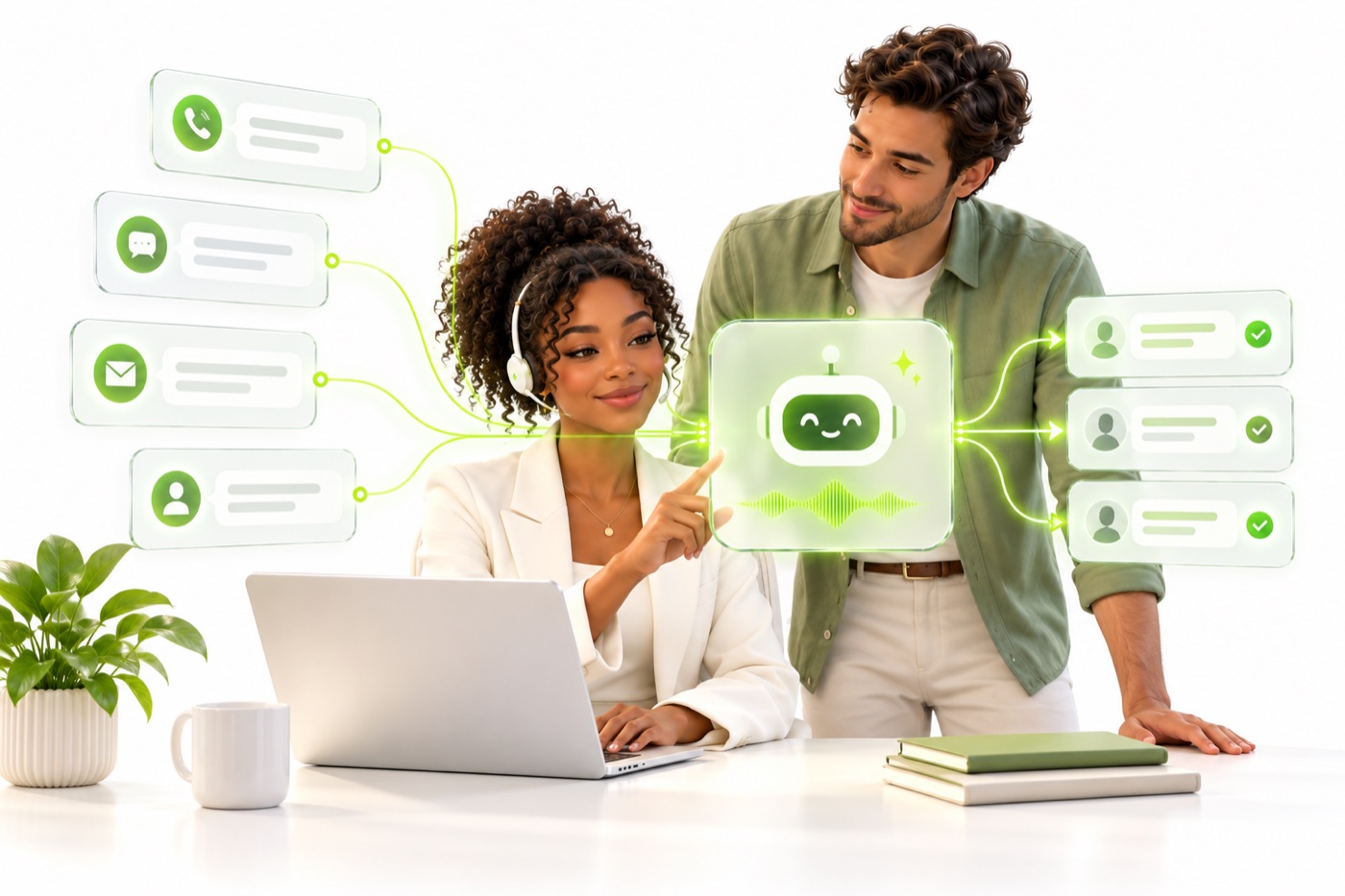 Illustrative customer service team configuring an AI agent for calls, text, email, and chat