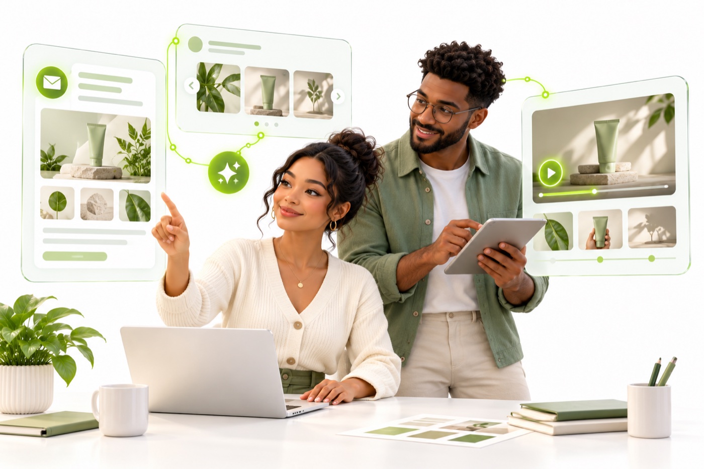 Illustrative marketing team reviewing email, social, and video campaign creative