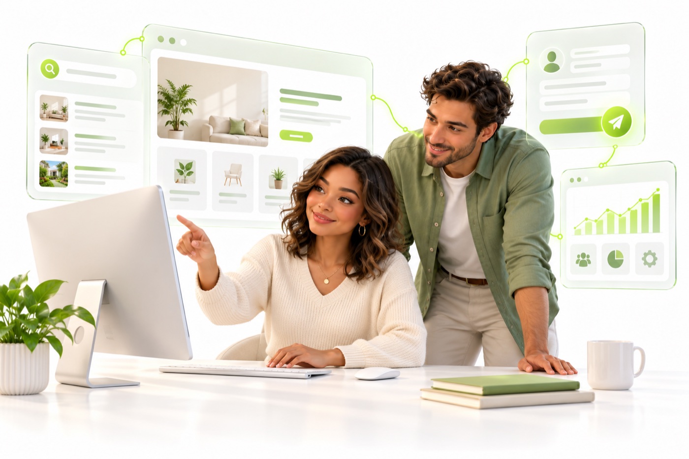 Illustrative website and operations team reviewing search, a business site, and lead workflows