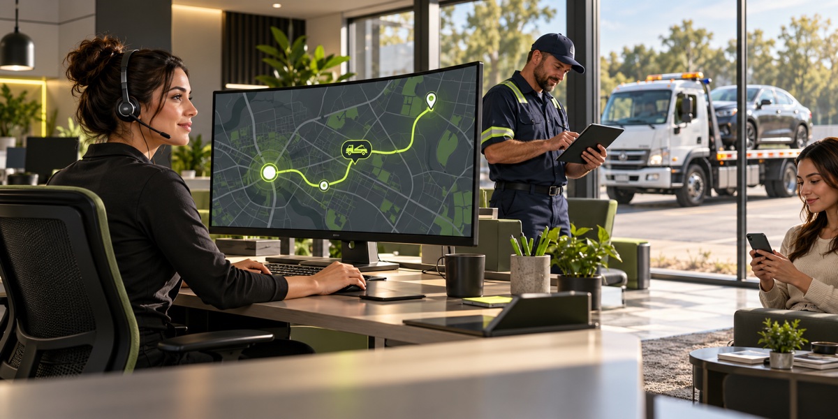Dispatcher and tow operator reviewing a new roadside request