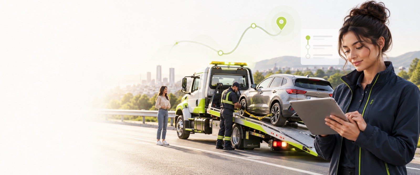 Towing dispatcher coordinating a roadside pickup and flatbed operator