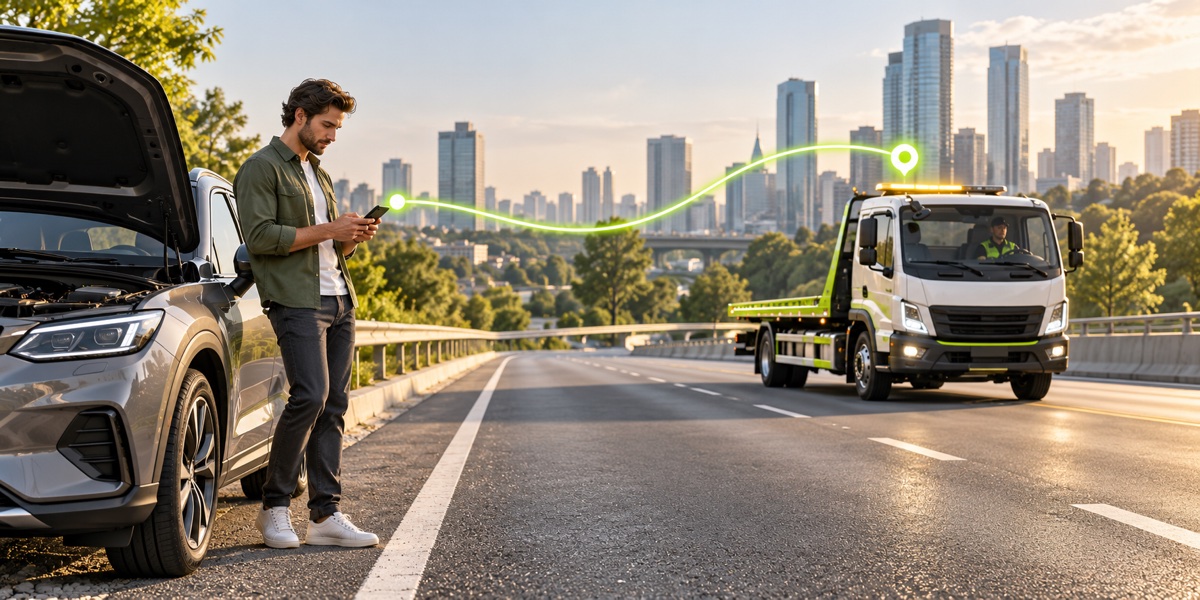 Driver requesting roadside help on a phone as a tow truck approaches