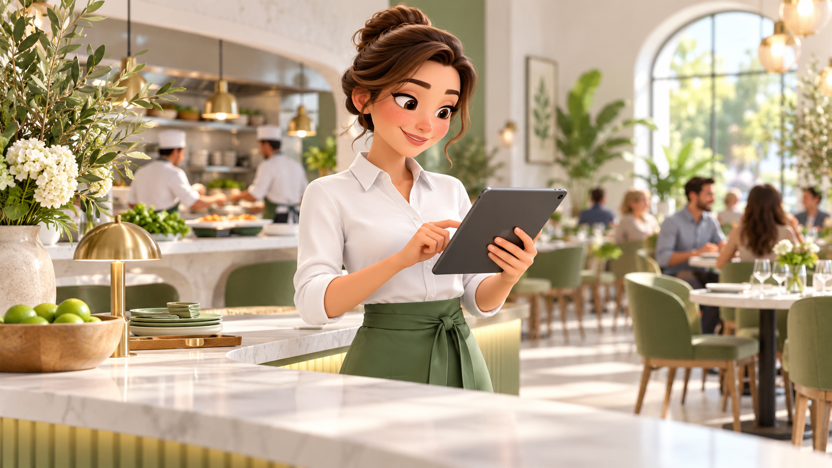 Restaurant manager reviewing an order on a tablet
